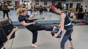 Adult Krav Maga students practicing kicking strikes