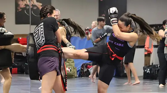 Adults practicing martial arts kicking