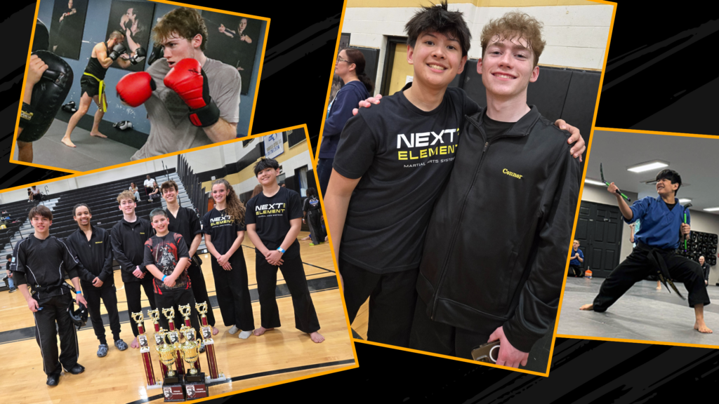 Collage of ABD Franklin students Gregory Perella and Connor Poirier training and competing in martial arts, including Sport Karate and Krav Maga, with teammates from Team Next Element and several tournament trophies.