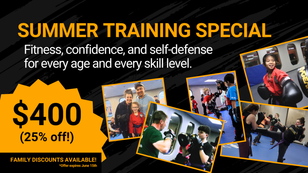 Collage of kids, teens, adults, and families training in Krav Maga and martial arts at America's Best Defense Mansfield, promoting summer training special for all ages and skill levels.
