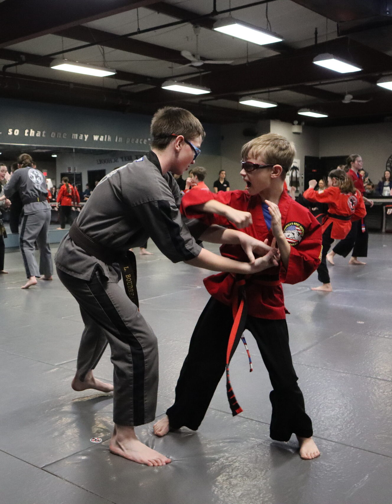Two young martial arts students, a teenage boy wearing a gray uniform and a black belt and a preteen boy wearing a red gi top, black gi pants, and a red belt, practice self-defense techniques at America's Best Defense.
