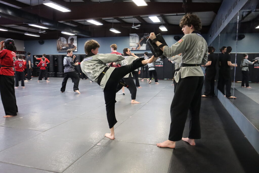 Two young teenage boys wearing gray gi tops, black pants, and black belts practice martial arts at America's Best Defense